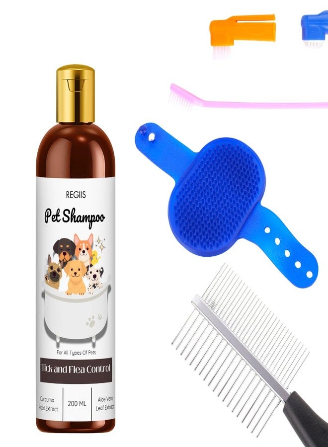 REGIIS Pet Shampoo with Tick and Flea Control, 200ml Natural Formula for All Types of Pets, Includes Grooming Brushes and Combs(Pack of 4) - Image 1